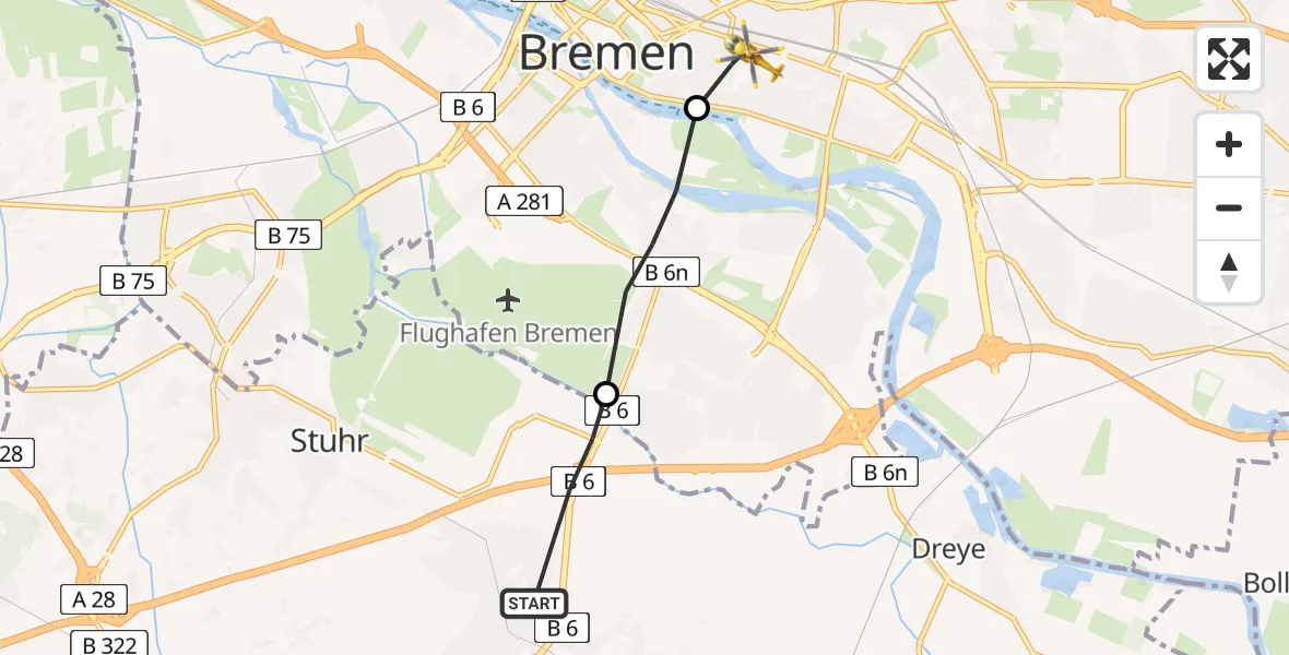 Flugroute Rettungshubschrauber Stuhr - Bremen-Ost, 08 März 2026, 14:41