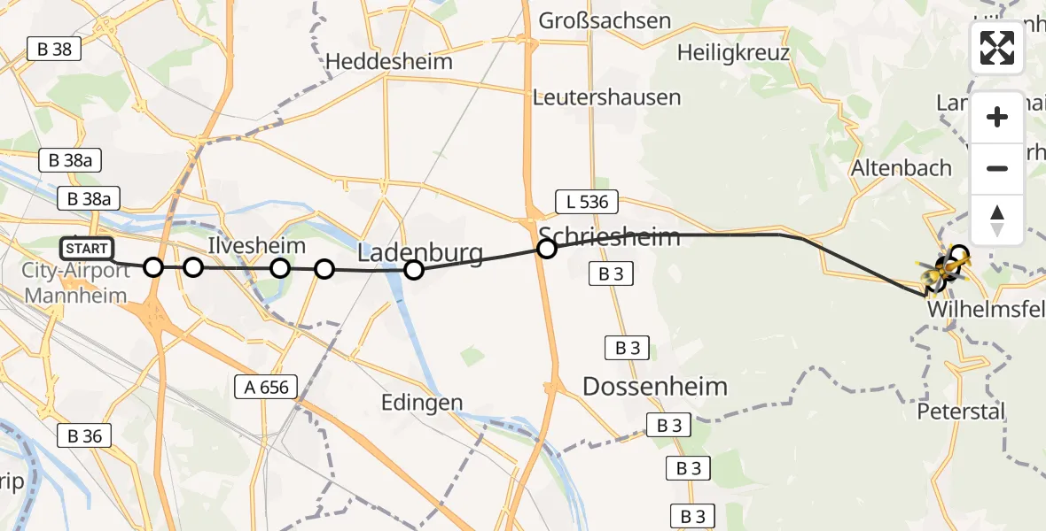 Flugroute Rettungshubschrauber Mannheim-City Airport - Schriesheim, 08 März 2026, 14:46