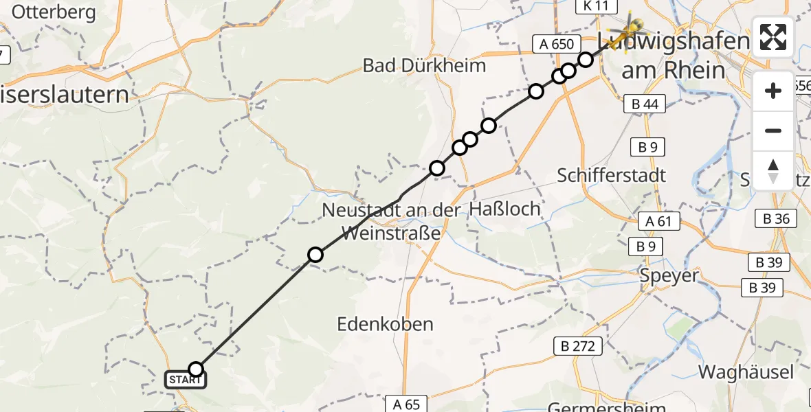 Routekaart van de vlucht: Rettungshubschrauber nach Ludwigshafen Accident Hospital Heliport