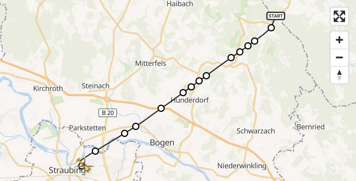Flugroute Rettungshubschrauber Kollnburg - Sankt Elisabeth Hospital Straubing, 08 März 2026, 15:03