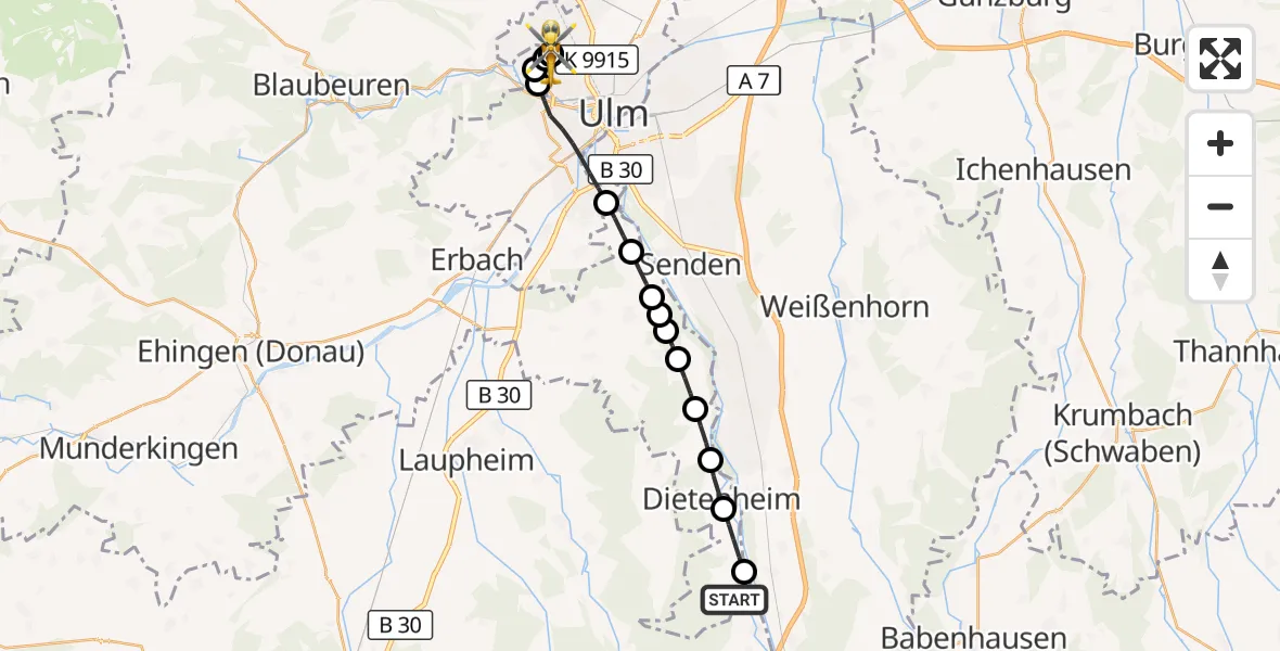 Flugroute Rettungshubschrauber Oberbalzheim - ADAC Air Rescue Station Ulm (Christoph 22), 08 März 2026, 15:04