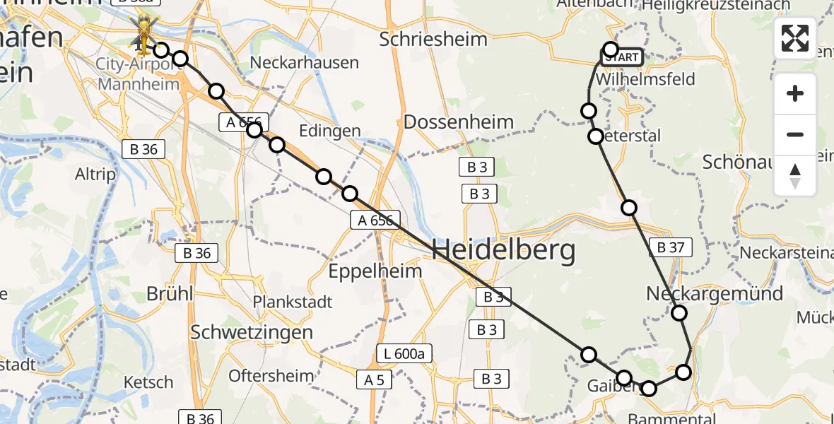 Routekaart van de vlucht: Rettungshubschrauber nach Mannheim-City Airport