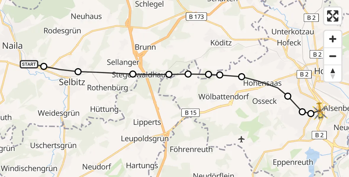Flugroute Rettungshubschrauber Naila - Sana Clinic Hof Heliport, 08 März 2026, 15:13