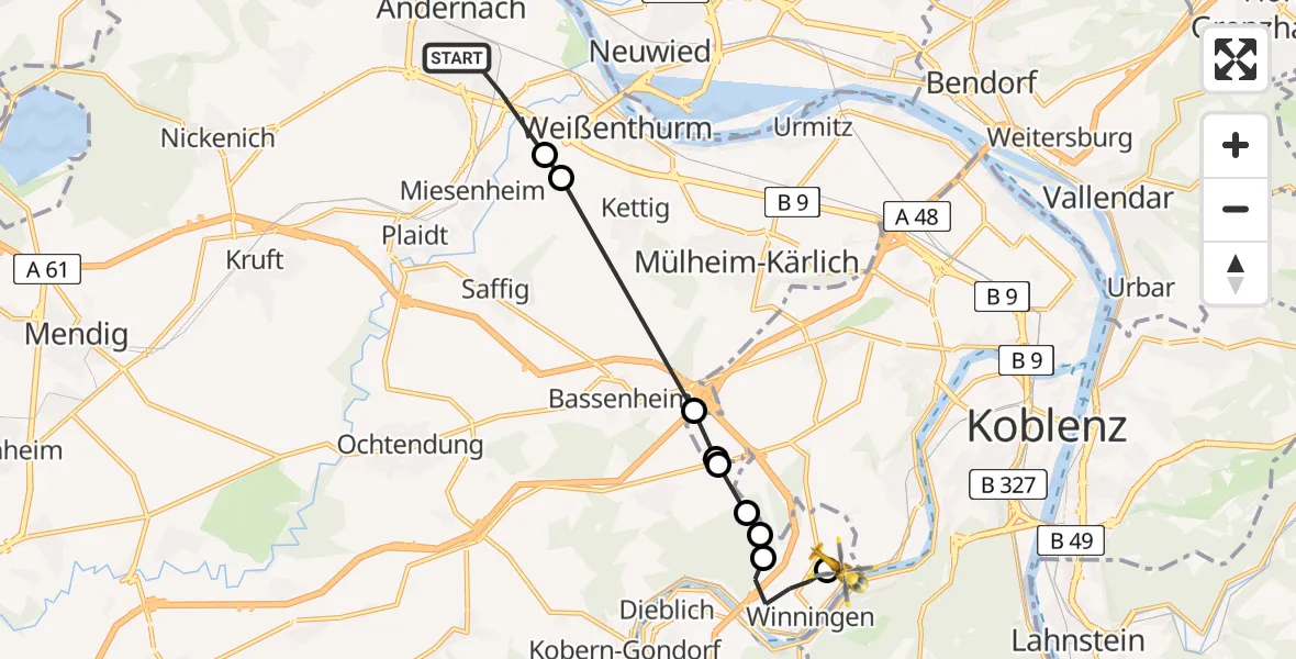 Flugroute Ambulanzhubschrauber Andernach - Koblenz-Winningen Airfield, 08 März 2026, 15:14