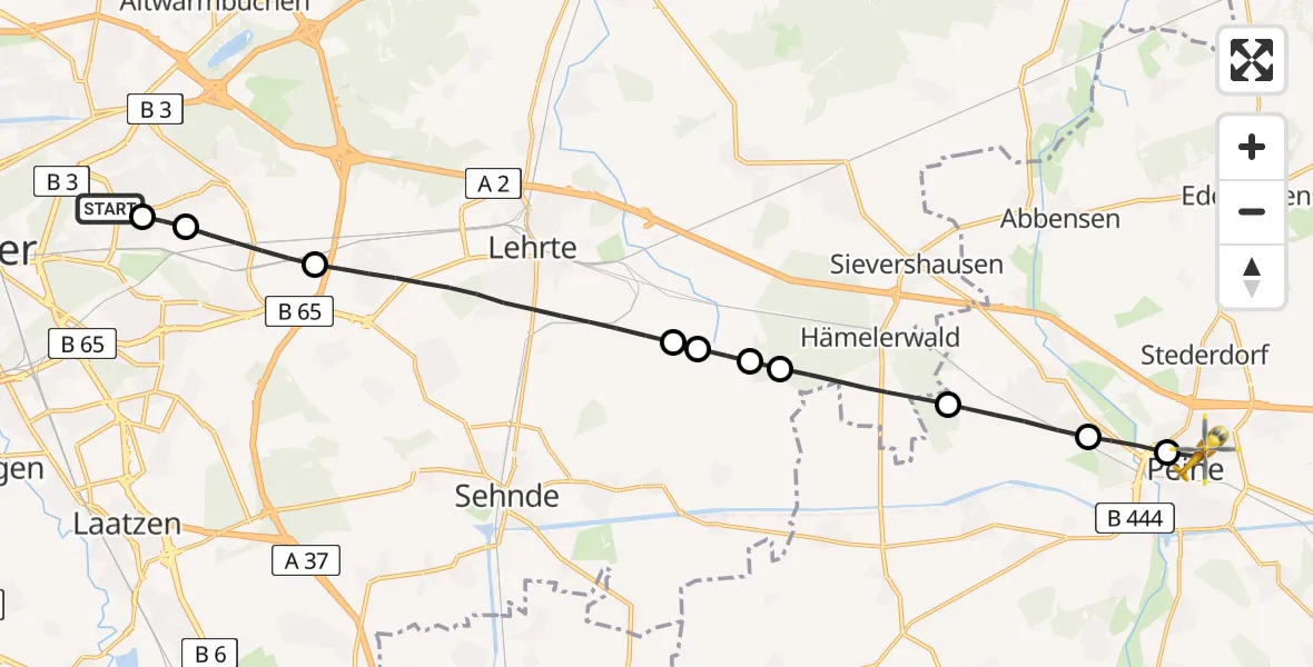 Flugroute Rettungshubschrauber Hannover Air Rescue Heliport (Christoph 4) - Peine, 08 März 2026, 15:15