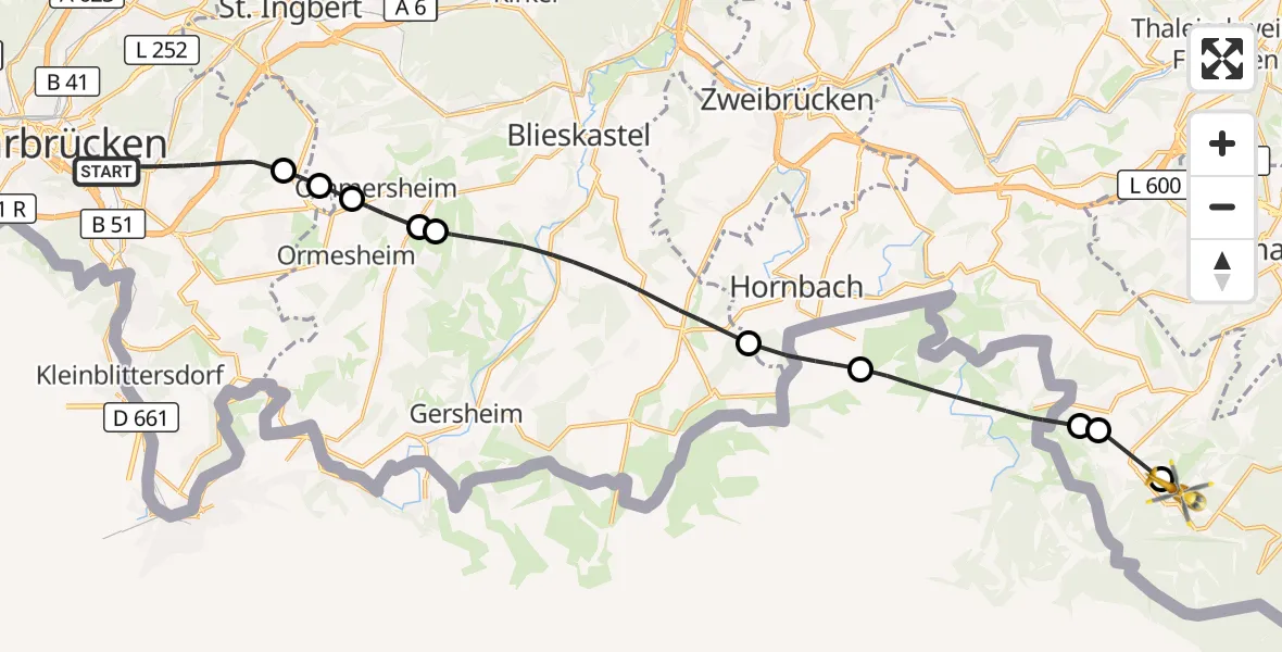 Flugroute Rettungshubschrauber Saarbrücken - Eppenbrunn, 08 März 2026, 15:29