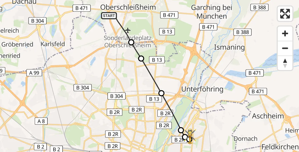 Flugroute Ambulanzhubschrauber Oberschleißheim - München Bogenhausen Hospital, 08 März 2026, 15:34