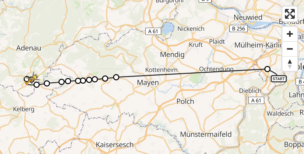 Flugroute Ambulanzhubschrauber Güls - Nürburgring Heliport, 08 März 2026, 15:35