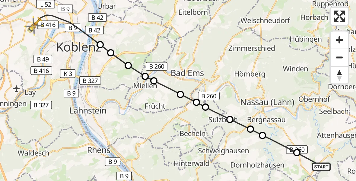 Flugroute Rettungshubschrauber Singhofen Airfield - Koblenz, 08 März 2026, 15:36