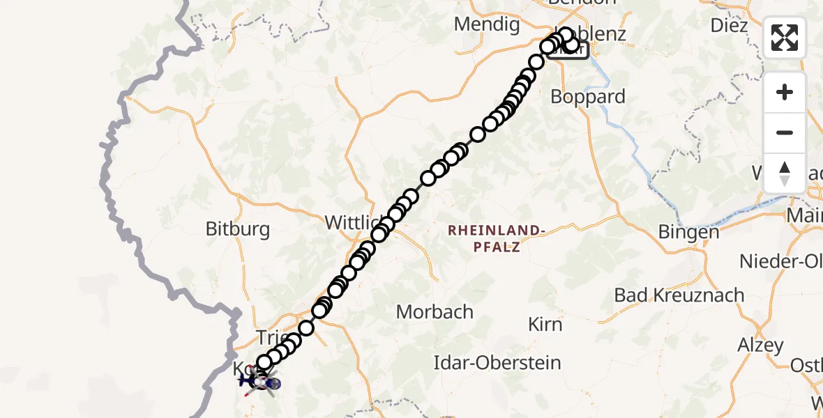 Flugroute Polizeihubschrauber Koblenz-Winningen Airfield - Wiltingen, 08 März 2026, 15:44