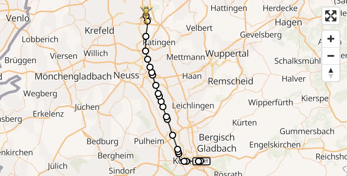 Flugroute Rettungshubschrauber Merheim Hospital - Duisburg Air Rescue Heliport (Christoph 9), 08 März 2026, 15:45