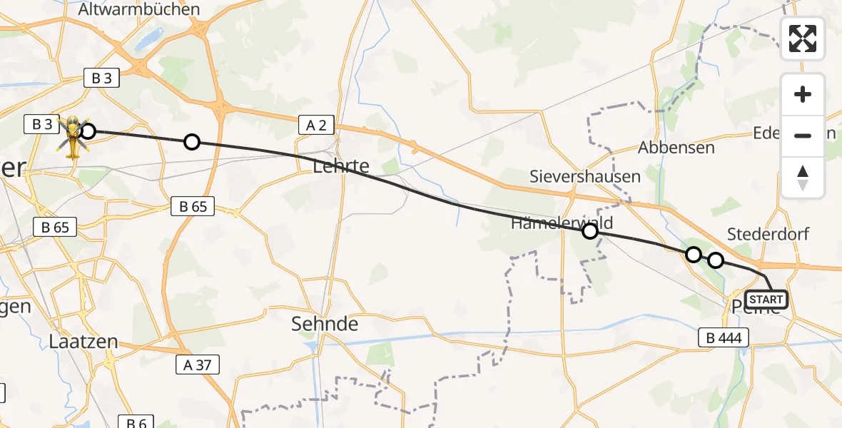 Flugroute Rettungshubschrauber Peine - Hannover Air Rescue Heliport (Christoph 4), 08 März 2026, 15:46