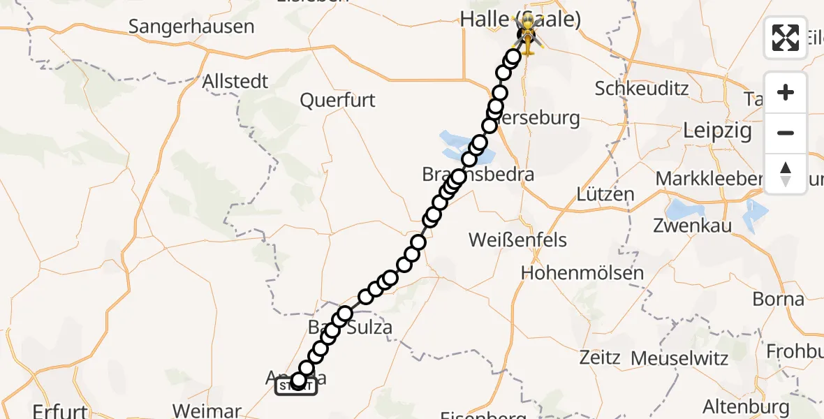 Flugroute Rettungshubschrauber Robert Koch Hospital - BG Hospital Bergmannstrost Halle, 08 März 2026, 15:47