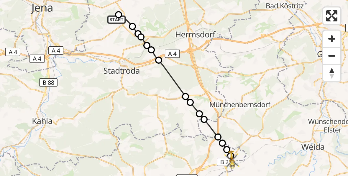 Flugroute Rettungshubschrauber Jena-Schöngleina Airfield - Mittelpöllnitz, 08 März 2026, 15:49
