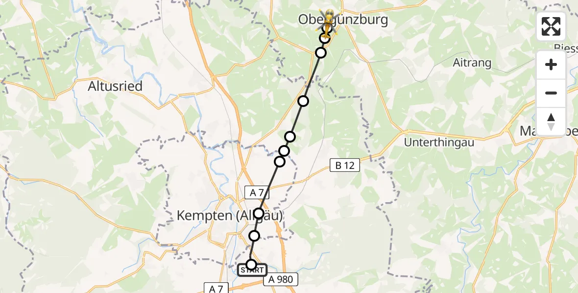 Flugroute Rettungshubschrauber Kempten-Durach Airfield - Obergünzburg, 08 März 2026, 15:54