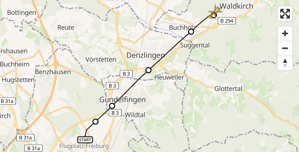 Flugroute Rettungshubschrauber Freiburg im Breisgau Airfield - Waldkirch, 08 März 2026, 15:54