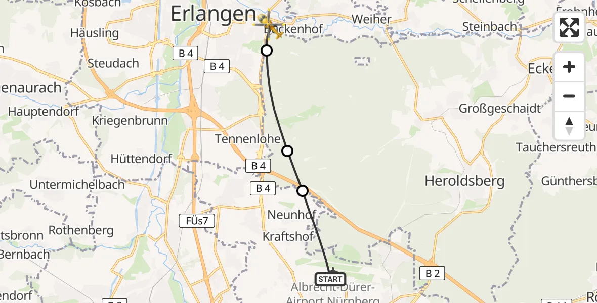 Routekaart van de vlucht: Ambulanzhubschrauber nach Erlangen, Elisabethstraße