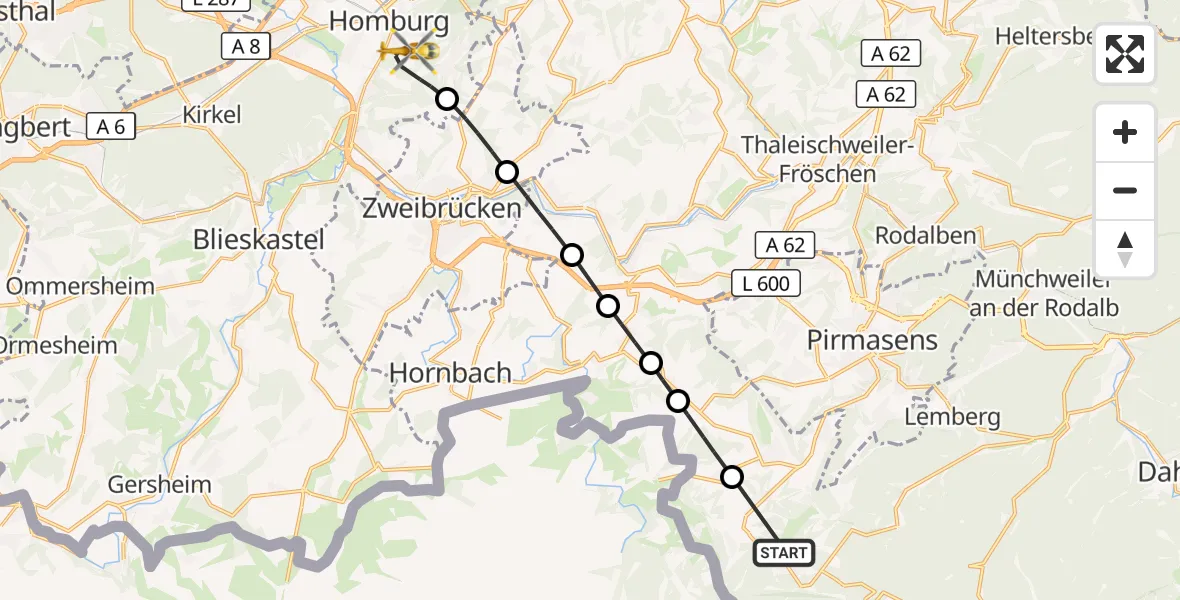 Flugroute Rettungshubschrauber Eppenbrunn - Homburg, 08 März 2026, 16:04