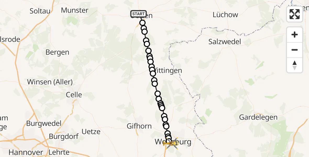 Flugroute Ambulanzhubschrauber Uelzen - Wolfsburg, 08 März 2026, 16:04