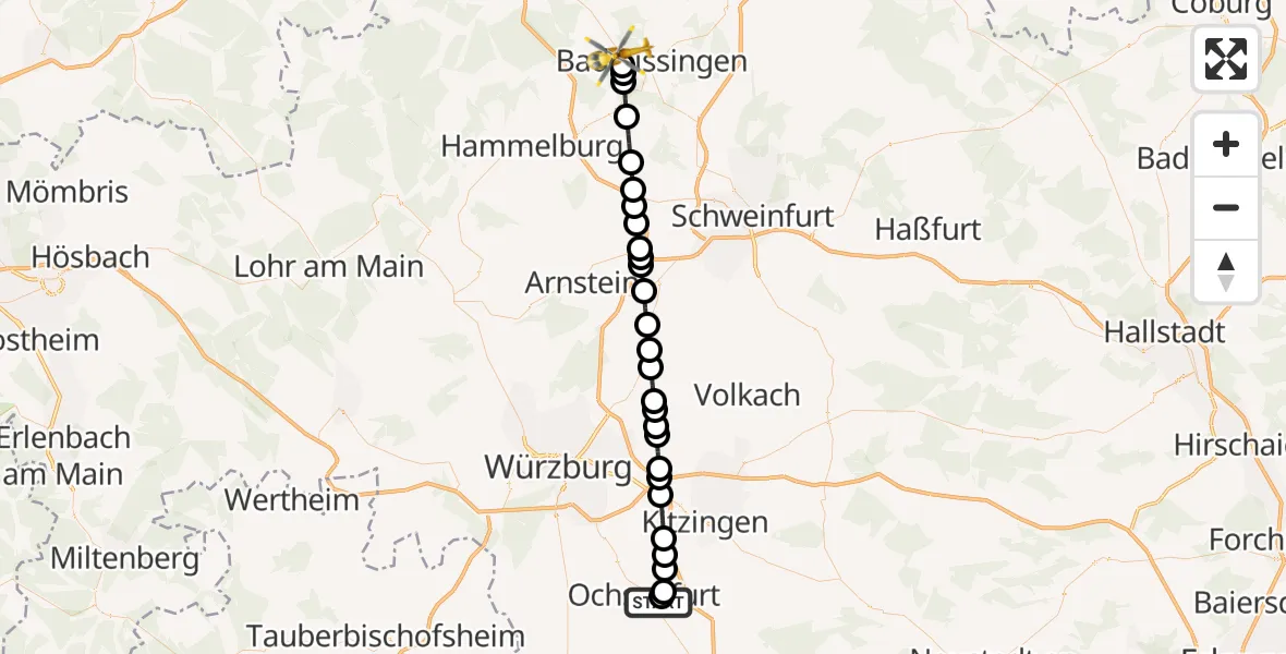 Flugroute Rettungshubschrauber Ochsenfurt Hospital - Bad Kissingen, 08 März 2026, 16:04