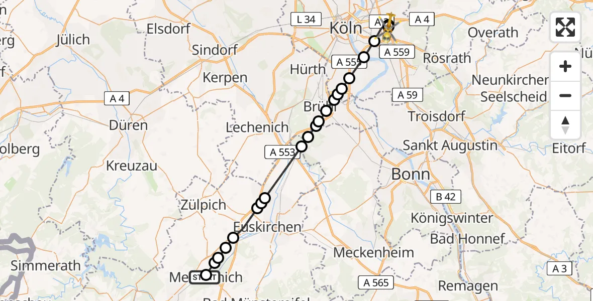 Flugroute Ambulanzhubschrauber Mechernich - Merheim Hospital, 08 März 2026, 16:06