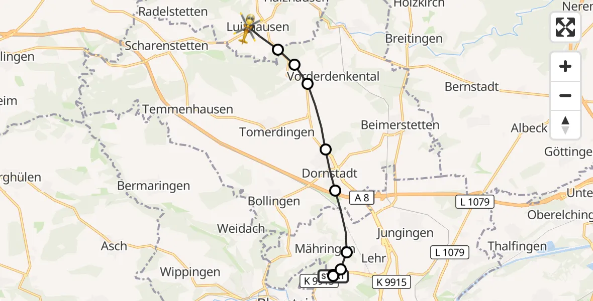 Flugroute Rettungshubschrauber Ulm Military Hospital Emergency - Luizhausen, 08 März 2026, 16:23