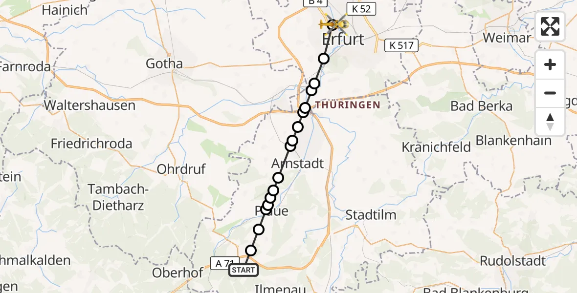 Flugroute Rettungshubschrauber Geraberg - Helios Clinic Erfurt, 08 März 2026, 16:30