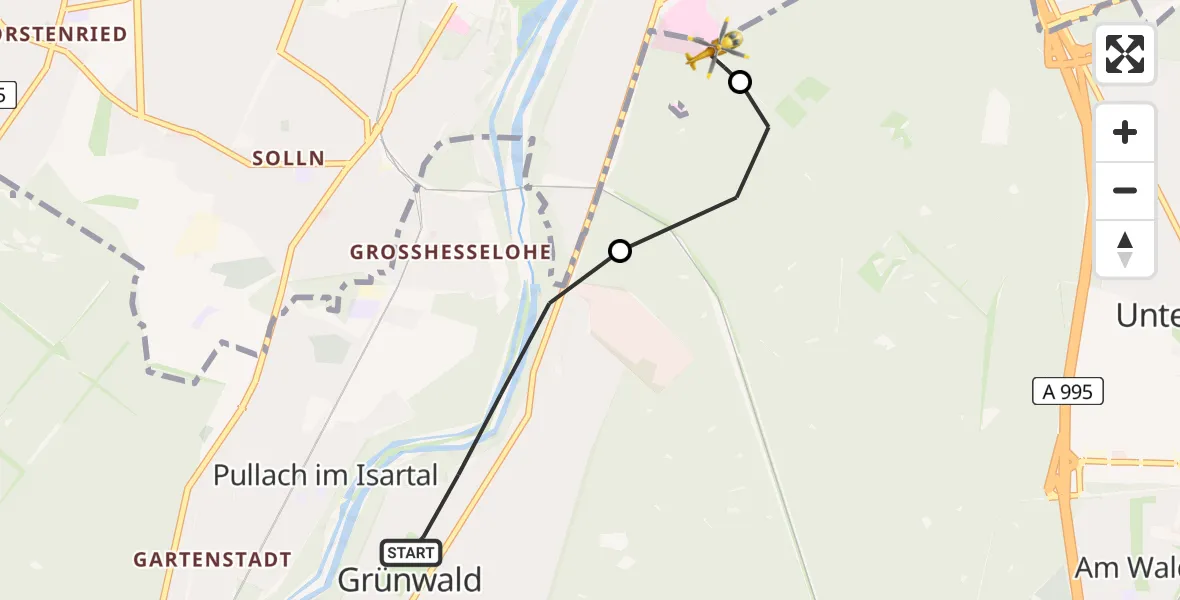Flugroute Rettungshubschrauber Grünwald - ADAC Air Rescue Center Heliport (Christoph 1), 08 März 2026, 16:30