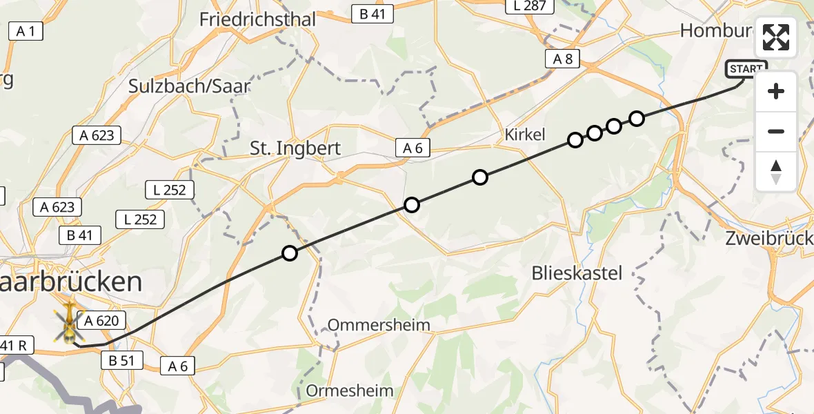 Routekaart van de vlucht: Rettungshubschrauber nach Saarbrücken, Winterberg