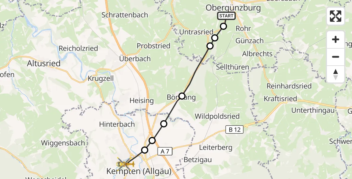 Flugroute Rettungshubschrauber Obergünzburg - Kempten (Allgäu), 08 März 2026, 16:39