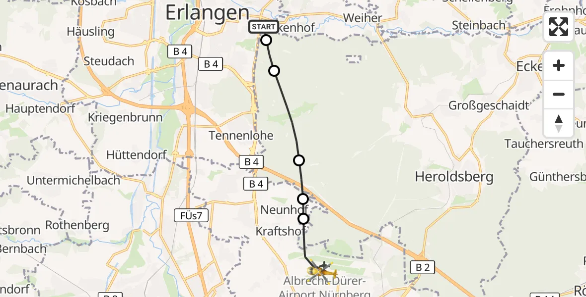 Flugroute Ambulanzhubschrauber Erlangen - Nuremberg Airport, 08 März 2026, 16:42