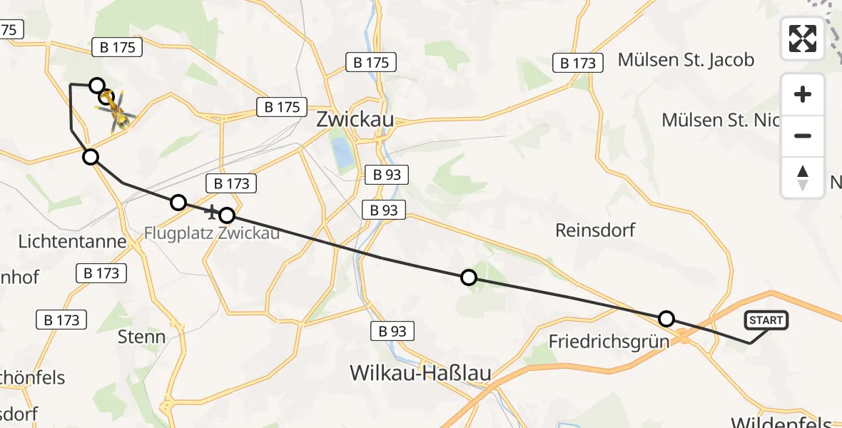 Flugroute Rettungshubschrauber Wildenfels - ADAC Air Rescue Station Zwickau Heliport, 08 März 2026, 16:57
