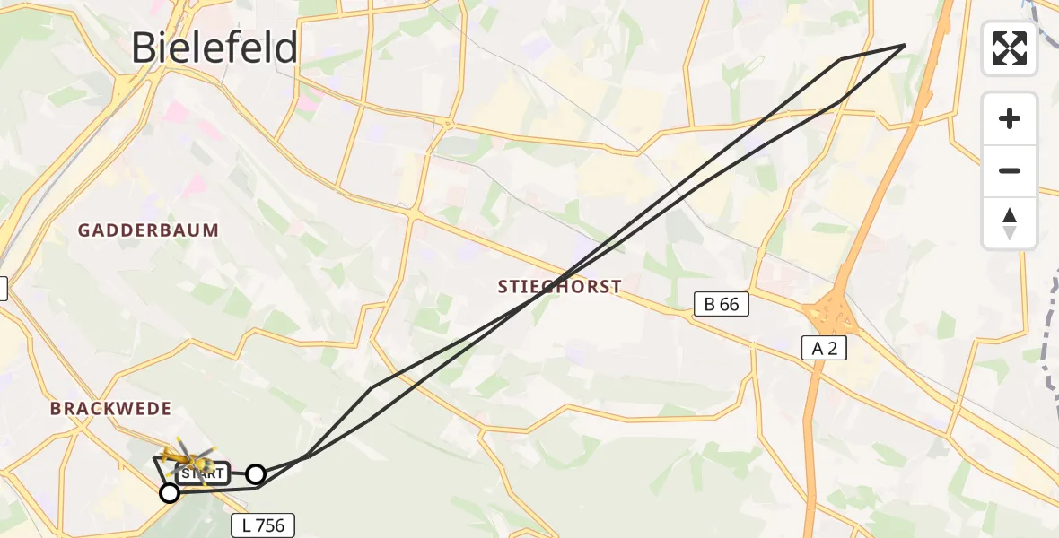 Flugroute Rettungshubschrauber Luftrettungszentrum Bielefeld - Luftrettungszentrum Bielefeld, 08 März 2026, 16:59