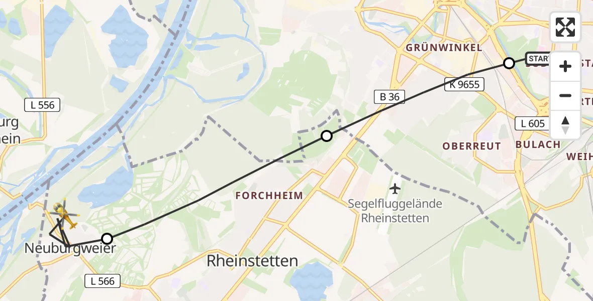 Flugroute Rettungshubschrauber Sankt Vincentius Hospital - Neuburgweier, 08 März 2026, 17:01