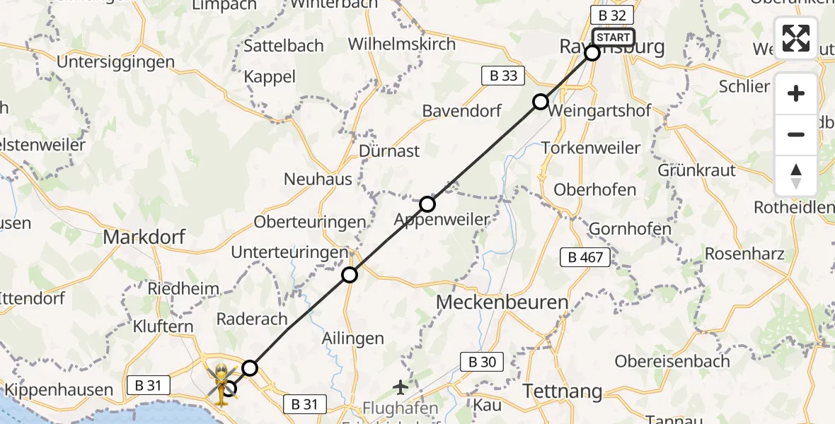 Flugroute Rettungshubschrauber Ravensburg - Friedrichshafen Hospital, 08 März 2026, 17:03