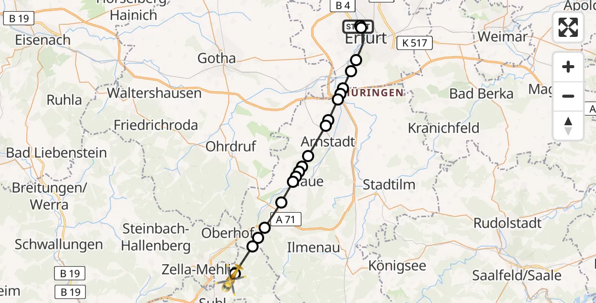 Flugroute Rettungshubschrauber Helios Clinic Erfurt - Heidersbach, 08 März 2026, 17:04