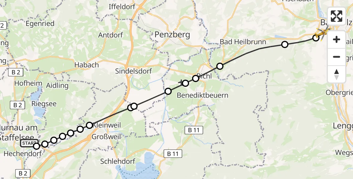 Flugroute Rettungshubschrauber Murnau Accident Hospital - Bad Tölz, 08 März 2026, 17:06