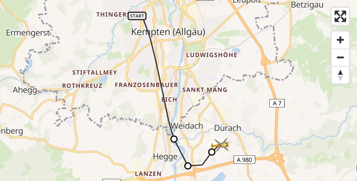 Routekaart van de vlucht: Rettungshubschrauber nach Kempten-Durach Airfield
