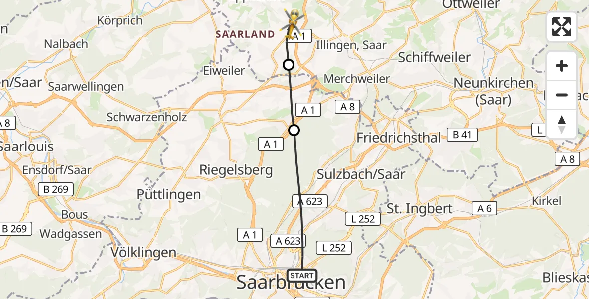 Flugroute Rettungshubschrauber Saarbrücken - Eppelborn, 08 März 2026, 17:25