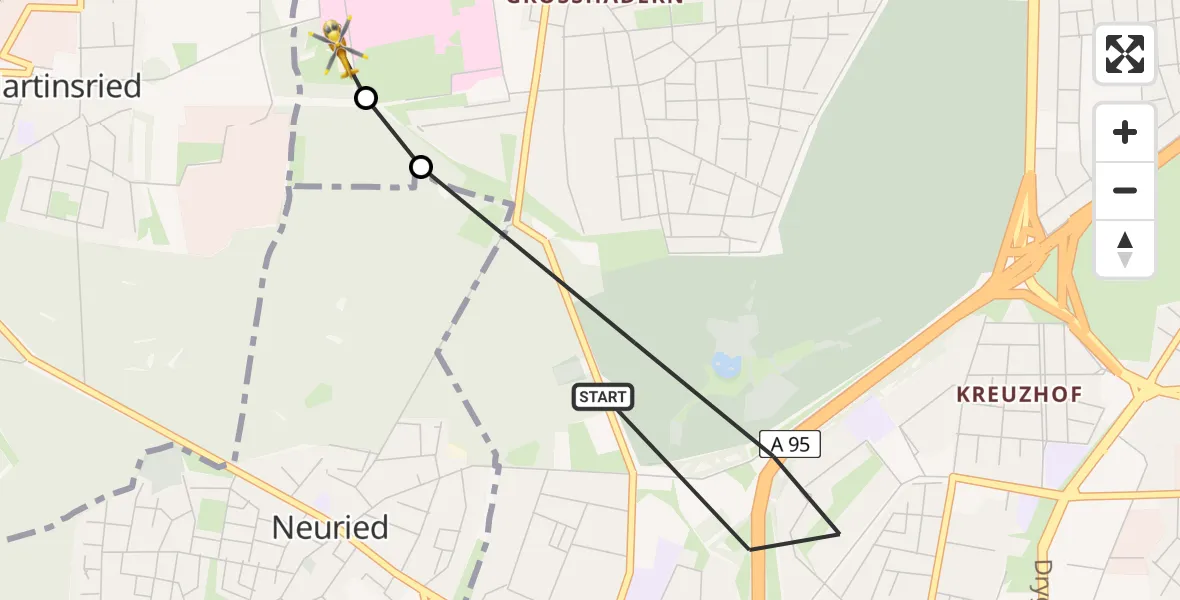Flugroute Ambulanzhubschrauber Thalkirchen-Obersendling-Forstenried-Fürstenried-Solln - DRF Air Rescue München Heliport, 08 März 2026, 17:27