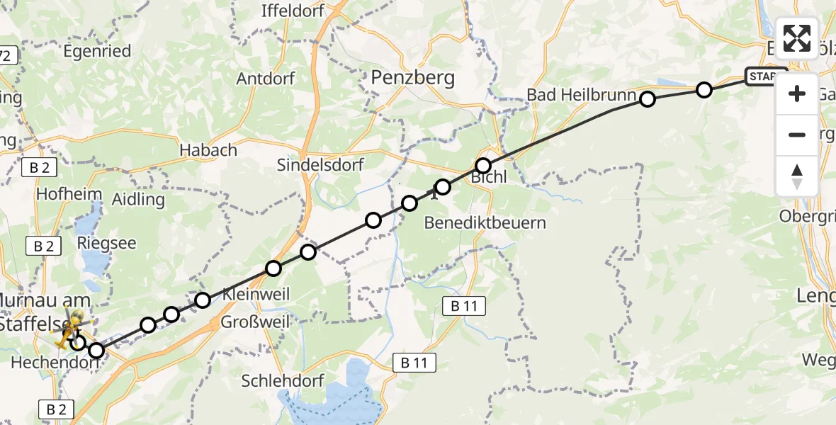 Flugroute Rettungshubschrauber Oberfischbach - Murnau Accident Hospital, 08 März 2026, 17:35