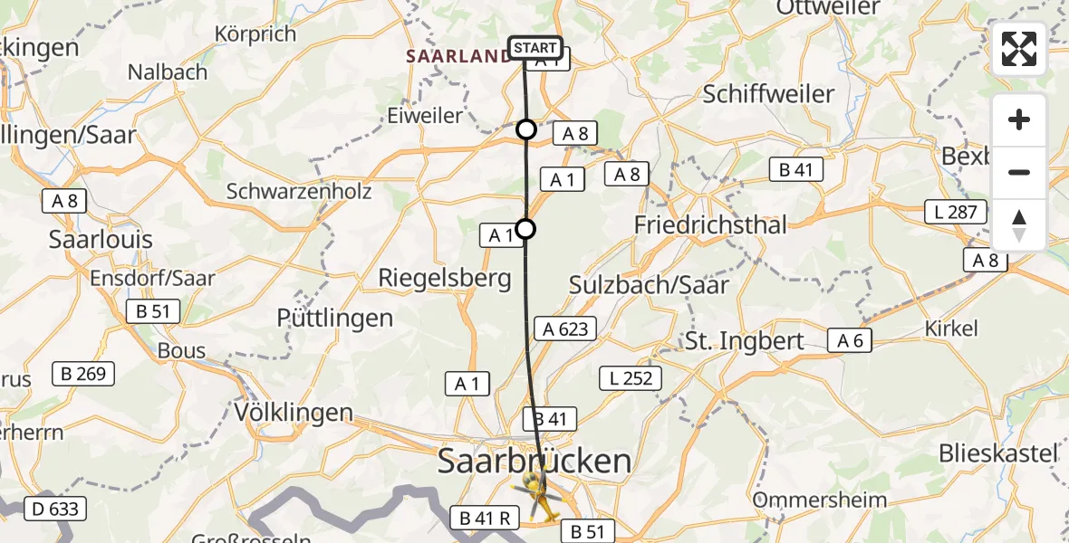 Flugroute Rettungshubschrauber Eppelborn - Saarbrücken, 08 März 2026, 18:01