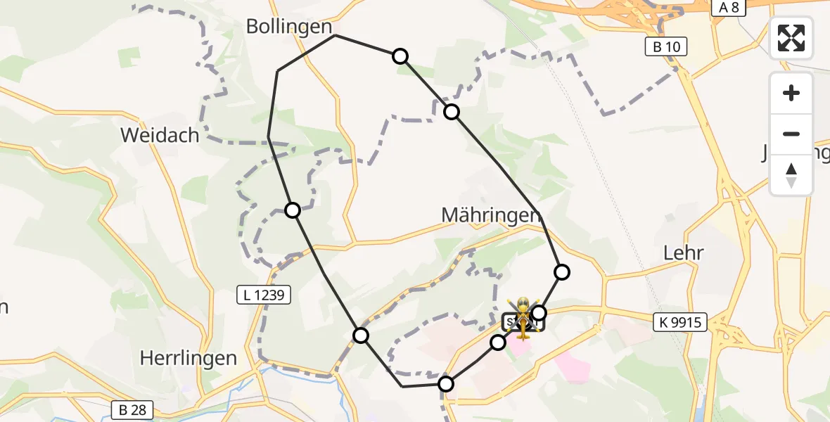 Flugroute Rettungshubschrauber Ulm Military Hospital Emergency - ADAC Air Rescue Station Ulm (Christoph 22), 08 März 2026, 18:05