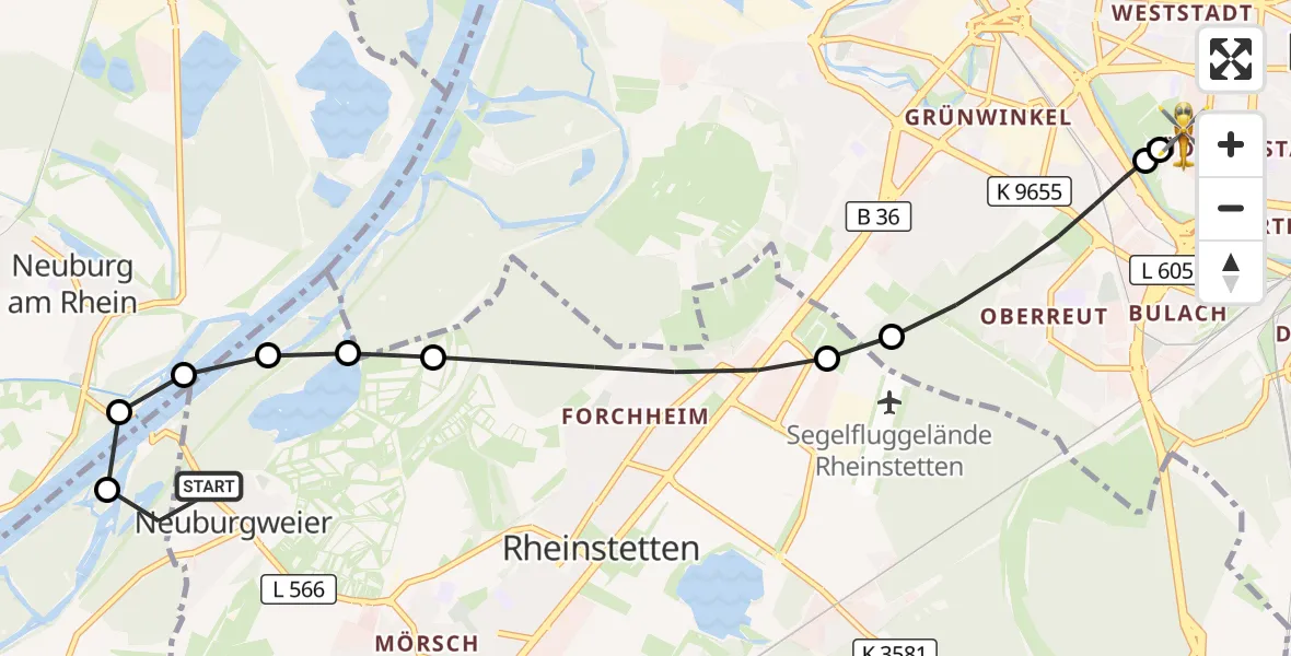 Flugroute Rettungshubschrauber Neuburgweier - Sankt Vincentius Hospital, 08 März 2026, 18:06