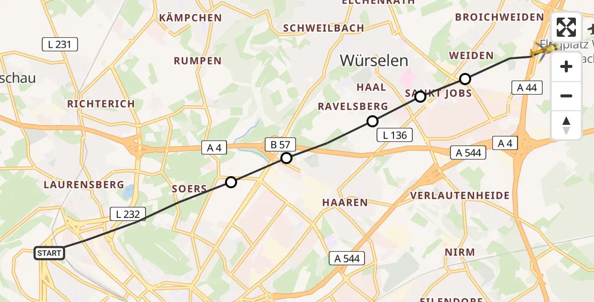 Flugroute Ambulanzhubschrauber Aachen - Würselen, 08 März 2026, 19:44