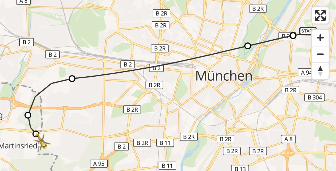 Flugroute Ambulanzhubschrauber München Bogenhausen Hospital - DRF Air Rescue München Heliport, 08 März 2026, 19:57