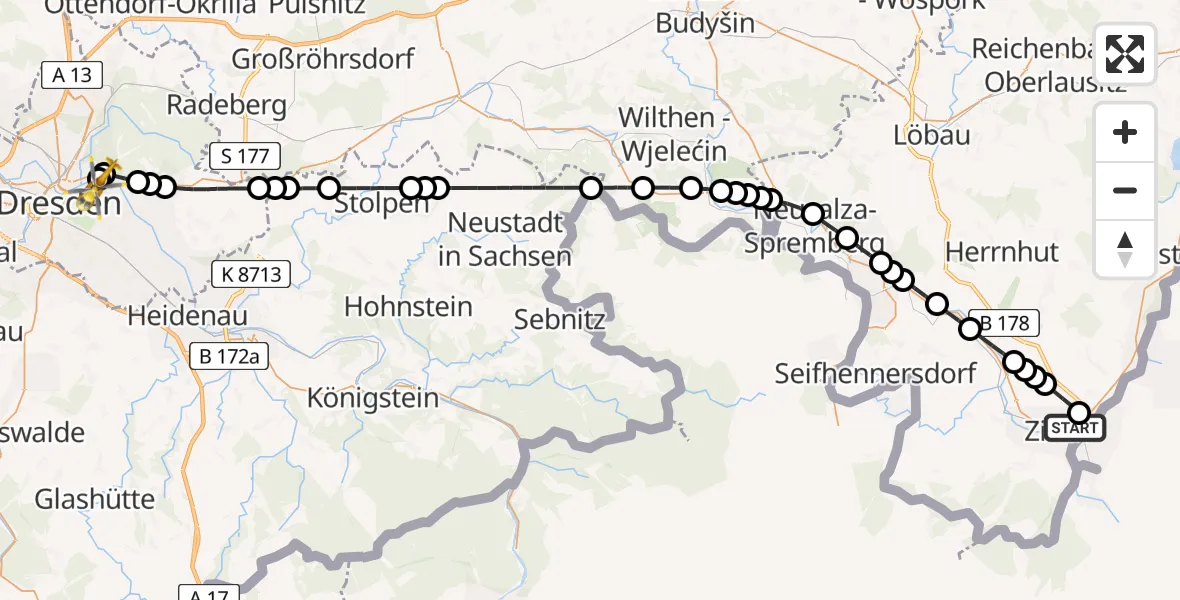 Flugroute Ambulanzhubschrauber Zittau - Dresden Elbwiesen Heliport, 08 März 2026, 20:42
