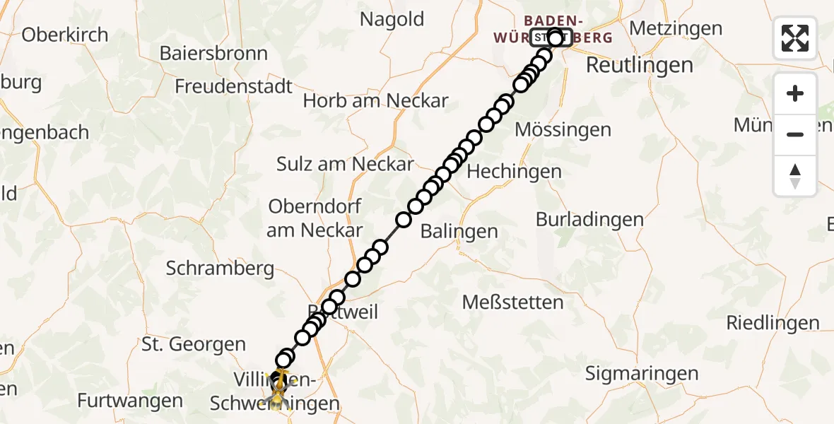 Flugroute Rettungshubschrauber Tübingen University Hospital - DRF Air Rescue Station Villingen-Schwenningen Heliport (Christoph 11), 08 März 2026, 21:06