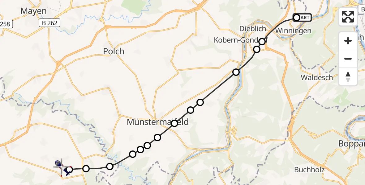 Flugroute Polizeihubschrauber Koblenz-Winningen Airfield - Binningen, 08 März 2026, 21:17