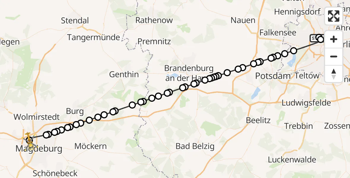 Flugroute Ambulanzhubschrauber Charité Clinic Virchow Campus - Magdeburg Hospital, 08 März 2026, 21:21